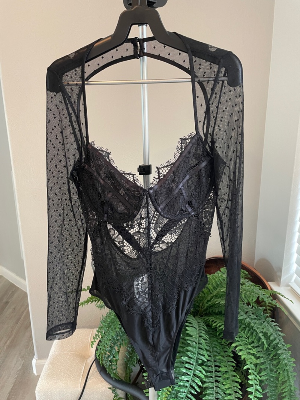 Bardot Black Lace Sheer Bodysuit with Polka-Dot Sleeves